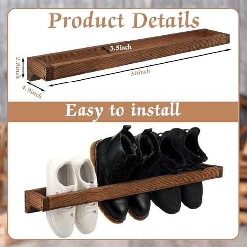Wenqik 2 Pcs Wall Mounted Wooden Shoe Rack Wood Wall Hanging, Burnt Wood - Image 2