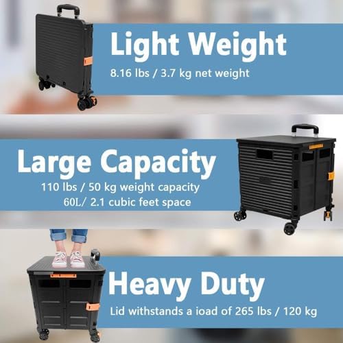 Foldable Utility Cart Folding Portable Rolling Crate Handcart Shopping Trolley Wheel Box with Lid Wear-Resistant Noiseless 360°Rotate Wheel for Travel Shopping Moving Storage Office Use (Black) - Image 2