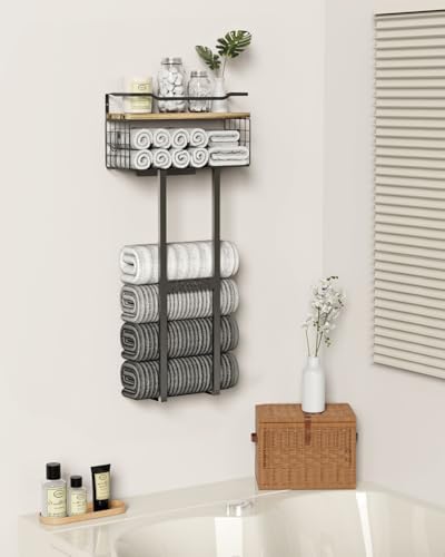 Aetyord Towel Racks for Bathroom - Wall Mounted Metal Rack with Wood Plank, Bathroom Storage Organizer, Towel Holder Stores 6 Large Rolled Towels Easily, Black with Wood Plank - Image 4