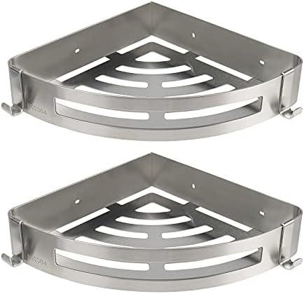 NearMoon Bathroom Shower Caddy 2 Pack, 304 Stainless Steel Shower Organizer with 2 Hooks, No Drill (Corner Shelf, Brushed Nickel) by NearMoon