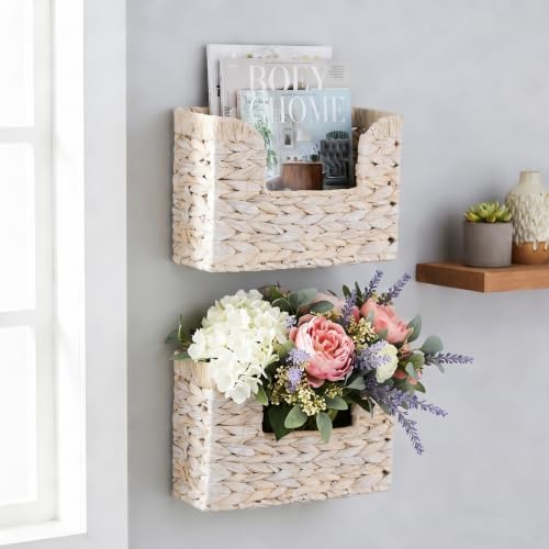 Set of 2 Magazine Holder Wall Basket Water Hyacinth Woven Mail Organizer, Wicker Wall Hanging Baskets for Magazines, Letters & Storage Decorative Mail Holder, Magazine Rack, Hanging Basket, Whitewash - Image 3