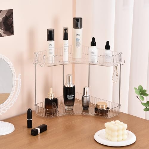 2-Tier Corner Bathroom Organizer Countertop with Hooks, for Makeup/Skincare - Image 5