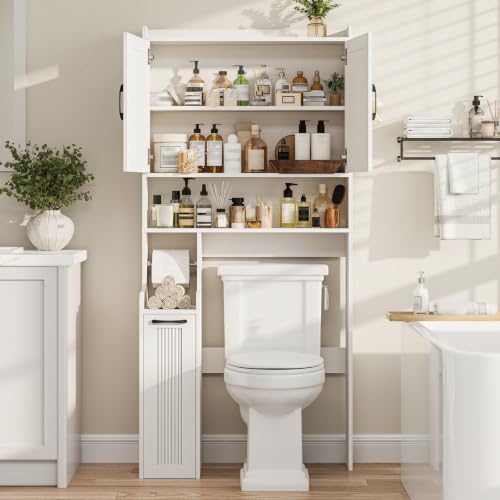 Halitaa Over The Toilet Storage Cabinet with Pulley, Space Saver Fluted Bathroom Organizer with Open Shelves, Anti-Tipping, Toilet Paper Holder Stand Toilet Rack for Bathroom, Laundry（White） - Image 3