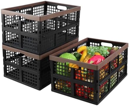 42 L Large Folding Utility Crates Plastic, 3 Packs Stackable Storage Bins, Collapsible Milk Crate by Melontray