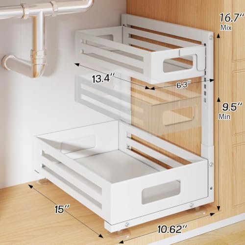 2 Pack Under Sink Organizer,Pull Out Cabinet Organizer With Smooth Cylindrical Rail,Metal Slide Out Drawer for Kitchen Bathroom Laundry Cabinet,8-Level Tool Free Height Adjustable-White - Image 2