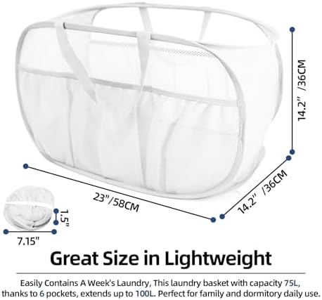 2 Pack Collapsible Laundry Baskets, Upgrade Pop Up Laundry Hamper with Convenient Bags, Foldable Laundry Basket Mesh Light Weight, Easy to Carry Clothes Hampers for Laundry, Dorm, Toys, Travel White - Image 4