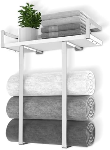 Towel Rack Wall Mounted, Xstydes Metal Towel Holder with Wooden Shelf for Folding Large Towels, Towel Storage for Small Bathroom Organizer Decor or RV Camping, Silver by XstydesDreamworks