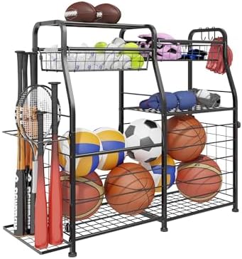 Garage Sports Equipment Organizer with Wheels - Ball Storage Rack with Elastic Rope or Wire Mesh,Garage Organizer System,Indoor/Outdoor Sports Rack for Sports Gear and Toys Storage,Black by LUMAMU