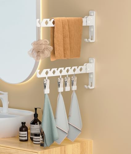 Wall Mount Coat Hanger Holder White Clothes Drying Organizer Rack Garment Hooks Aluminium Retractable Folding Indoor Wall Mounted Hanger Space Saver for Laundry Room Bedroom White 2 Pack with 8 Hooks - Image 5