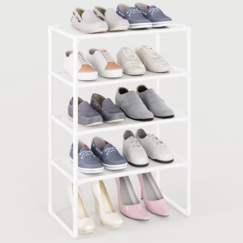5-Tier Small Shoe Rack for Closet and Entryway, Narrow Shoe Shelf Organizer,Stackble Shoe Stand,Non-Woven Fabric Metal Free Standing Shoe Racks (White, 18" W x 9.9" D x 28.6" H) by MUAHRCE