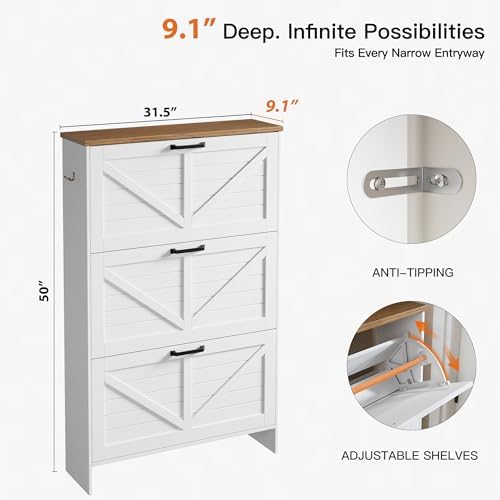 Shoe Cabinet for Entryway, 3 Flip Drawers Shoe Storage Cabinet with 3-Tier Adjustable Shelves, Ultra Slim 9.1" Depth Holds Up to 30 Pairs, Freestanding Hidden Shoe Organizer with Barn Door Design - Image 2