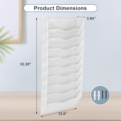 EASEPRES 10 Pocket Mesh Hanging Wall File Organizer, Wall Mounted Mail Paper Document Folder Holder, Clipboard Storage Organization Magazine Rack with Nametag Label for Office Home School, White - Image 2