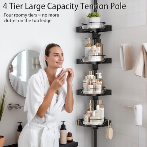 shuang qing 360° Rotating Corner Shower Caddy Tension Pole Organizer, Black - Image 6