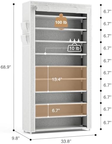 ROJASOP 10 Tier Shoe Rack with Covers Large Capacity Stackable Tall Shoe Shelf Storage for 50-55 Pairs Shoe and Boot, Sturdy Free Standing Shoe Rack Organizer for Closet, Entryway, Bedroom, Printing - Image 3
