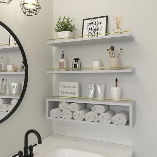 WOPITUES Floating Shelves for Wall 24 inch with Cube Shelf, Wall Shelves with Metal Rail for Decor, Bathroom Organizers and Storage, Over Toilet Shelves for Bathroom, Toilet Paper-White&Gold - Image 6