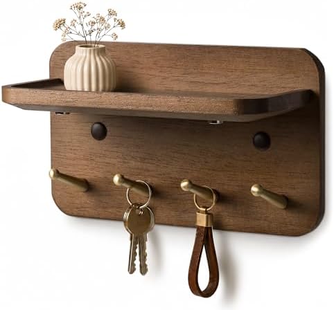Key Holder Wall Mount, Solid Wood Key Holder for Wall with 4 Brass Hooks & Hidden Magnets, 15° Incline Hooks & Grooved Design to Prevent Slipping, Vintage Brown Key Hanger by LEIRUOTM