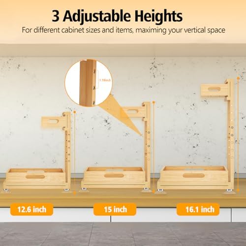 Banlilu Under Sink Organizer, Pull Out Cabinet Organizer, 2 Tier Slide Out Sink Shelf Cabinet Storage Shelves, Storage for Kitchen Bathroom, Natural Premium Bamboo Wood - Image 4