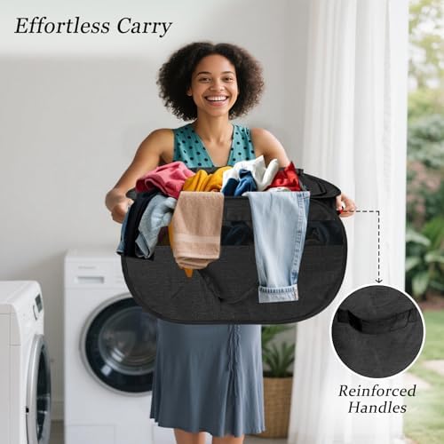 100L Extra Large Mesh Pop Up Laundry Hamper with Lid & Handles 2 Pack, XL Foldable Dirty Clothes Basket for Home Dorm Closet Storage, Portable Laundry Bin, Black. 2H - Image 6