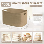 100L Extra Large Woven Laundry Basket Hamper with Handles, Jute - Image 2