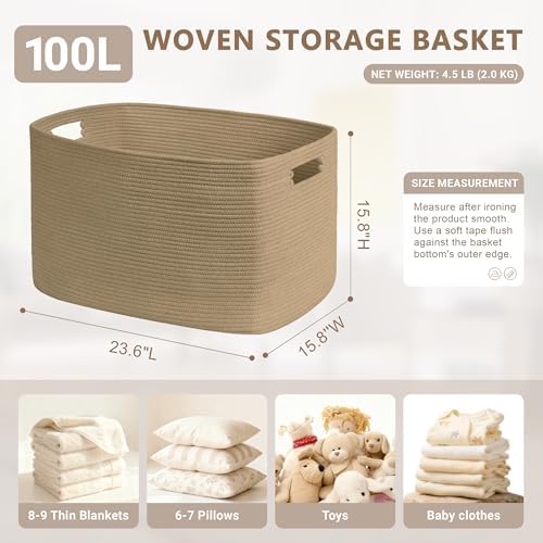 100L Extra Large Woven Laundry Basket Hamper with Handles, Jute - Image 2