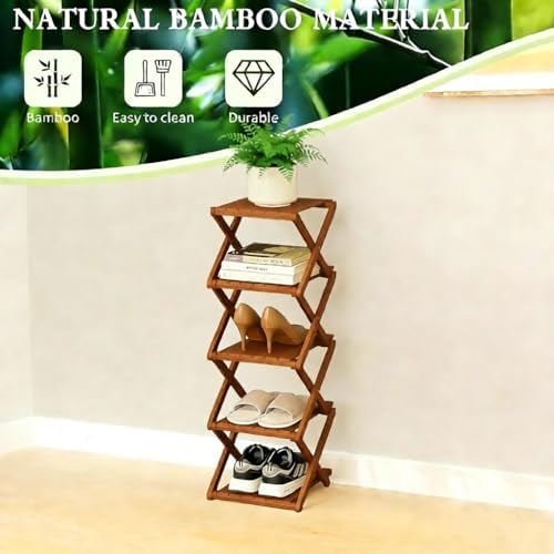 Bamboo Shoe Rack - No Assembly Required, Tall Narrow Foldable Shoe Organizer, Space-Saving Multifunctional Shelf for Entryways, Corners, Bedrooms, Balconies, 4 Layer Brown (Reinforced And Thickened ) - Image 4