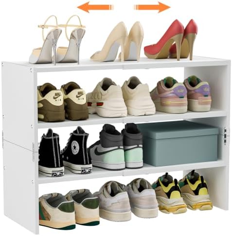 White Shoe Rack Organizer for Closet, 3-Tier Expandable Shoe Shelf, Stackable Iron Wood Combination Shoe Racks Shelves for Closets, Entryway,Small Space,Hallway,Garage,Holds 8-16 Pairs of Shoes by Cidaziya
