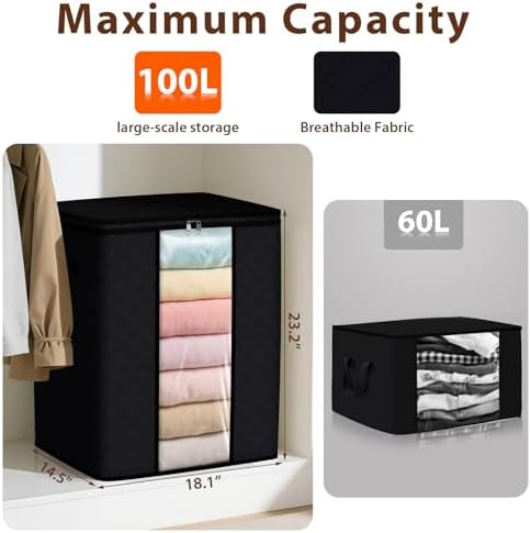 SpaceWhisper 4 Pack 100L Clothes Storage, Foldable Storage Bags, Black | Thick Fabric, Clear Window, with Reinforced Handle, for Clothing, Blanket, Comforters, Bedding Organizing - Image 2