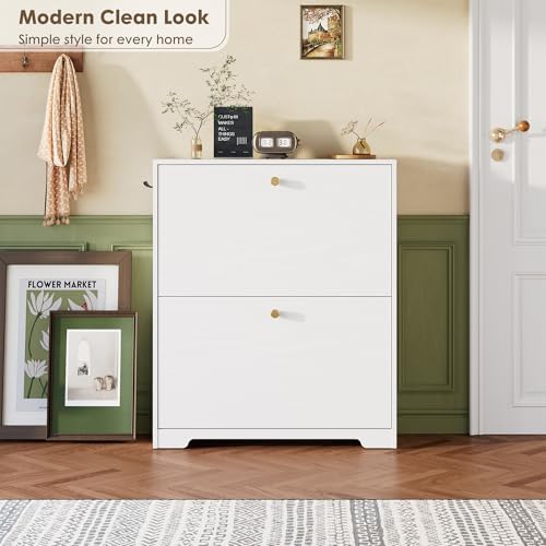 Nicetree Shoe Cabinet with 2 Flip Drawers, Narrow Shoe Organizer Cabinet, Freestanding Shoe Rack Cabinet, Modern Shoe Storage Cabinet for Entryway, Hallway, Foyer, White - Image 3