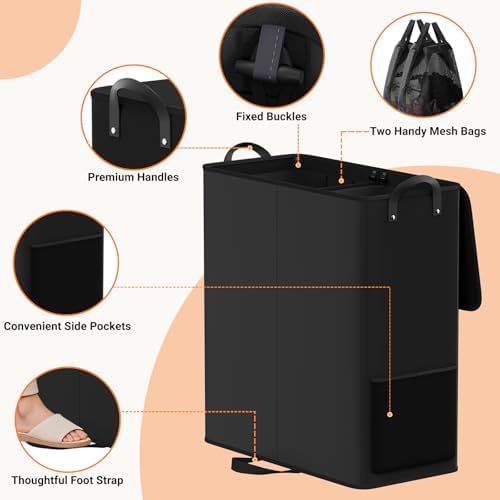 155L 2 Section Laundry Hamper with Lid, Laundry Basket, Black - Image 3