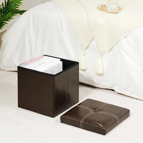 B FSOBEIIALEO Storage Ottoman Cube, 11.8" Faux Leather Footrest Chest,Brown - Image 2