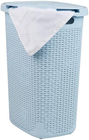 Mind Reader Slim Laundry Hamper with Lid, 60L Tall Clothes Basket, Narrow Tapered Design for Bathrooms, Closets and Laundry Rooms, Plastic, Baby Blue by MindReader