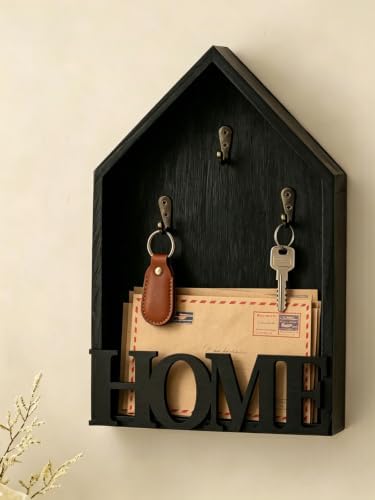 Key Holder Wall Mount, Pine Wood Key Hanger & Mail and Key Organizer for Wall, Decor Plate Hangers for Wall, Multifunctional Home Decor Entryway Key Holder with Shelf for Key & Plant Storage (Black) - Image 2