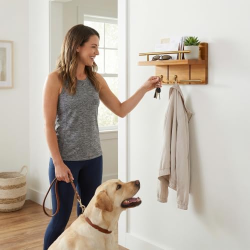 9.8” Solid Teak Wood Key Holder Wall Mount with Shelf and Hooks - Image 5