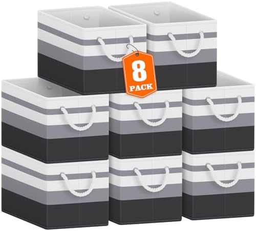 Fab totes Storage Bins 8-Pack, Foldable Storage Baskets for Organizing Toys, Books, Shelves, Closet, Large Storage Box with Rope Handles, Sturdy Organizer Bins,Gradient Grey by Fabtotes