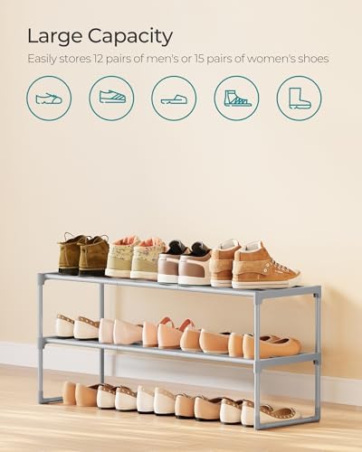 SONGMICS Shoe Rack, 2-Tier Shoe Organizer, Metal Storage Shelf | for Entryway, Upright or Upside Down, for 12-15 Pairs, Stackable, 11.8 x 36.2 x 14.6 Inches, Gray ULSA012G01 - Image 6