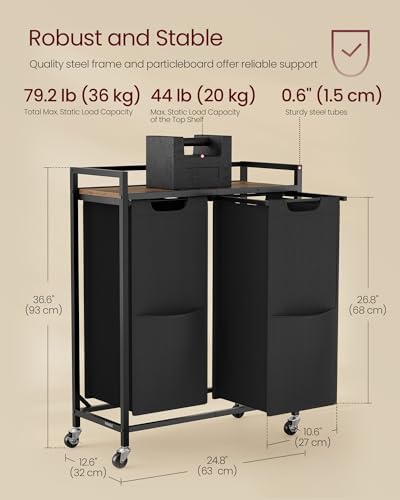 VASAGLE Laundry Sorter 2 Section, Rolling Cart with Shelf 29 Gal. (110 L) - Image 6