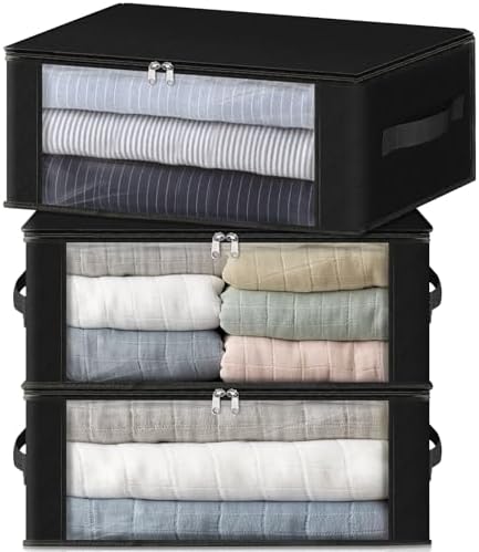 HomeHacks 3-Pack Clothes Organizer Storage Bags, 35L Storage Bins, Black | Foldable Storage Box Container with Zippers, Clear Window, Reinforced Handles for Closet, Dorm, Pillows, Bedding, Sweater by HomeHacks