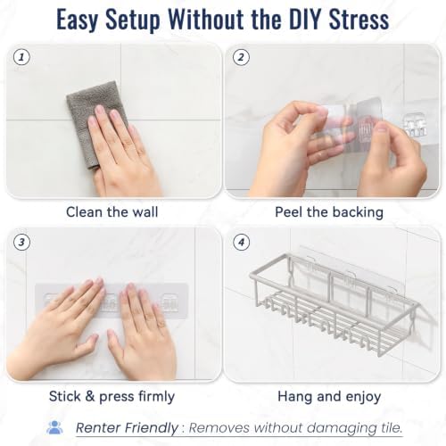 8 Pack Adhesive Rustproof Shower Caddy with Soap Dishes, Toothbrush Holder & Hooks, Large Capacity No-Drilling Shower Shelves Rack for Bathroom Organizers and Storage Accessories, Light Gray - Image 6