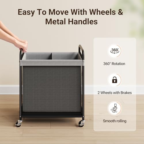 ELYKEN Laundry Hamper 2 Section, 100L Rolling Laundry Sorter with Wheels - Image 5