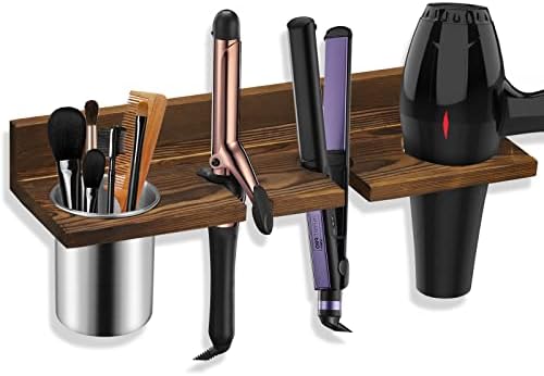 Hair Tool Organizer Wall Mounted - Wooden Dryer Holder, Blow Dryer Holder for Bathroom, Rustic Styling Tools Organizer for Flat Iron, Curling Wand, Hair Straighteners, Brushes, Brown by SeashpeaHome