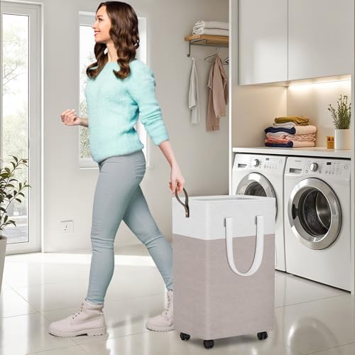 HomeHacks 90L Rolling Laundry Basket with 4 Wheels Collapsible Khaki - Image 4