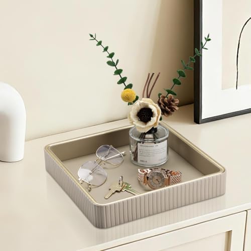 GORESE Square Perfume Tray Nightstand Organizer, PU Leather Purse Bowl Jewelry Trays for Dresser, Trinket Dish Catchall Bowl for Keys, Decorative Vanity Tray, Gift for Women, Beige(9.3'' × 9.3'') - Image 4