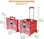 Inspired Living Ultra-Slim Rolling Collapsible Storage Pack-N-Roll Utility-carts, with Telescopic Handle, for Home, Garden, Shopping, Office, School use, Large, Red, White Flower Print - Image 2