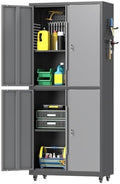 71" H Metal Tool Storage Cabinet with Lock and Wheels, Heavy Duty Garage Cabinet with 4 Doors and 2 Adjustable Shelves, Tool Organizer with Pegboard for Garage, Warehouse (Black&Gray, 71" H) by Firstsky