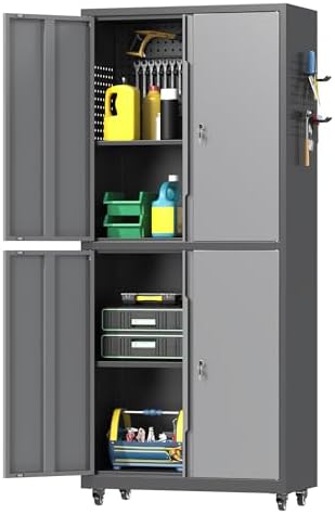 71" H Metal Tool Storage Cabinet with Lock and Wheels, Heavy Duty Garage Cabinet with 4 Doors and 2 Adjustable Shelves, Tool Organizer with Pegboard for Garage, Warehouse (Black&Gray, 71" H) by Firstsky
