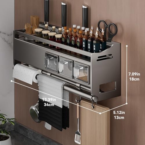 Multifunctional Kitchen Spice Rack Organizer Wall Mounted with Knife Holder Hooks and Pole Hanging Seasoning Organizer Shelf (3 Boxed and 1 Spoon Barrel) - Image 2