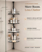 ALLZONE Corner Shower Caddy Tension Pole, 4 Hang-On Basket with Mixed-Height Shelves for Various Bottle Sizes, Extra Hooks & Soap Holder, Rustproof Stainless Steel, Fits 34–116 Inch, Black/White - Image 5