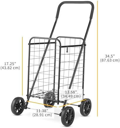Whitmor Foldable Utility Shopping Cart with Wheels, Heavy Duty Metal Grocery Cart, Portable Foam Handle, Rolling Collapsible Trolley for Groceries, Laundry, Storage, Black - Image 7