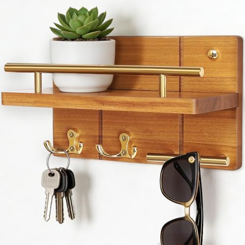 9.8” Solid Teak Wood Key Holder Wall Mount with Shelf and Hooks by Fopeat