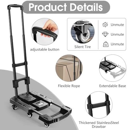 Voipvvii Folding Hand Truck 500lbs, Portable Heavy Duty Dolly Cart, 6 Wheels Collapsible Luggage Cart with 2 Elastic Ropes - Compact Trolley Cart for Easy Moving - Ideal Hand Cart for Travel and More - Image 2